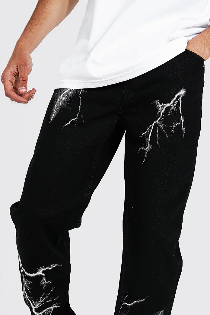 Tall Relaxed Fit Lightning Print Jeans | boohooMAN USA Tall Relaxed Fit Lightning Print Jeans | boohooMAN USA